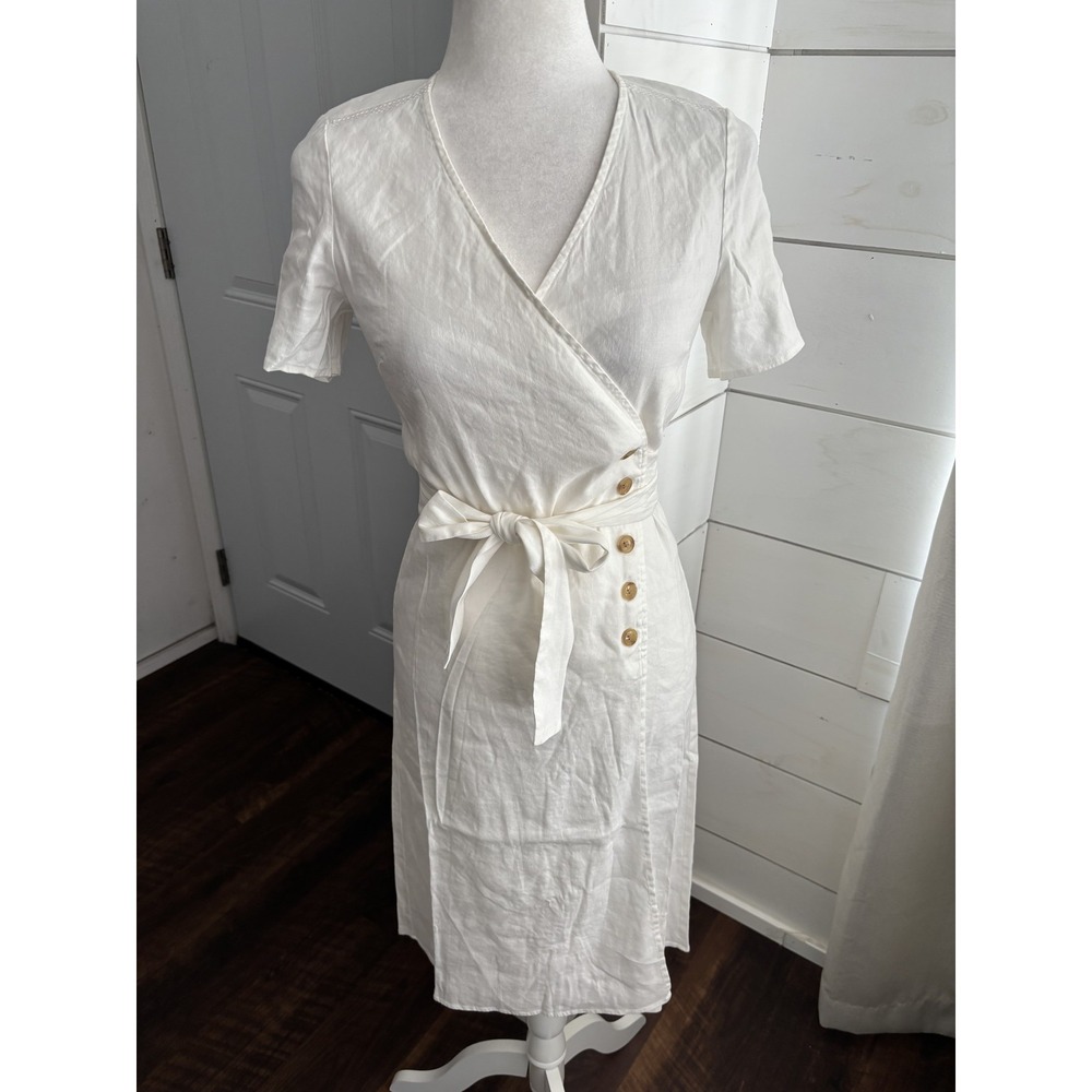 Alp N Rock Thaila Dress Womens XS White Linen Wrap‎ Belted Short Sleeve Midi